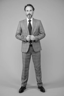 İşinizi halledin. Proje yöneticisi gri arka plan. Formalite icabı ofis müdürü. Kıdemli müdür ya da yönetici. Resmi moda tarzı. Yönetici mükemmelliği. Mükemmel yönetim hizmetleri sunuluyor