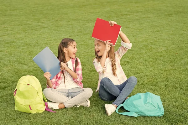 Veel plezier. kleine vriendjes ontspannen op gras. terug naar school. literatuur voor meisjes. samen huiswerk maken. Zoek iets interessants in het boek. notities maken. vrije tijd doorbrengen na school — Stockfoto