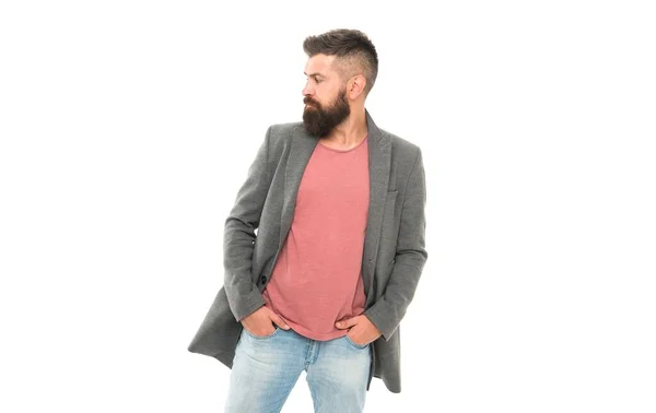 Attractive and handsome. Menswear and fashion concept. Bearded and handsome. Bearded hipster stylish fashionable jacket. Man wear casual stylish outfit. Male wardrobe. Tips and tricks handsome man — Stock Photo, Image