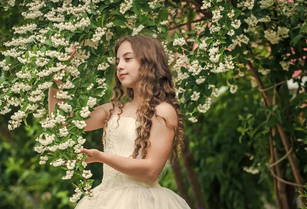 Hermosa novia niña vestido blanco flores floreciendo fondo, concepto de inocencia — Foto de Stock