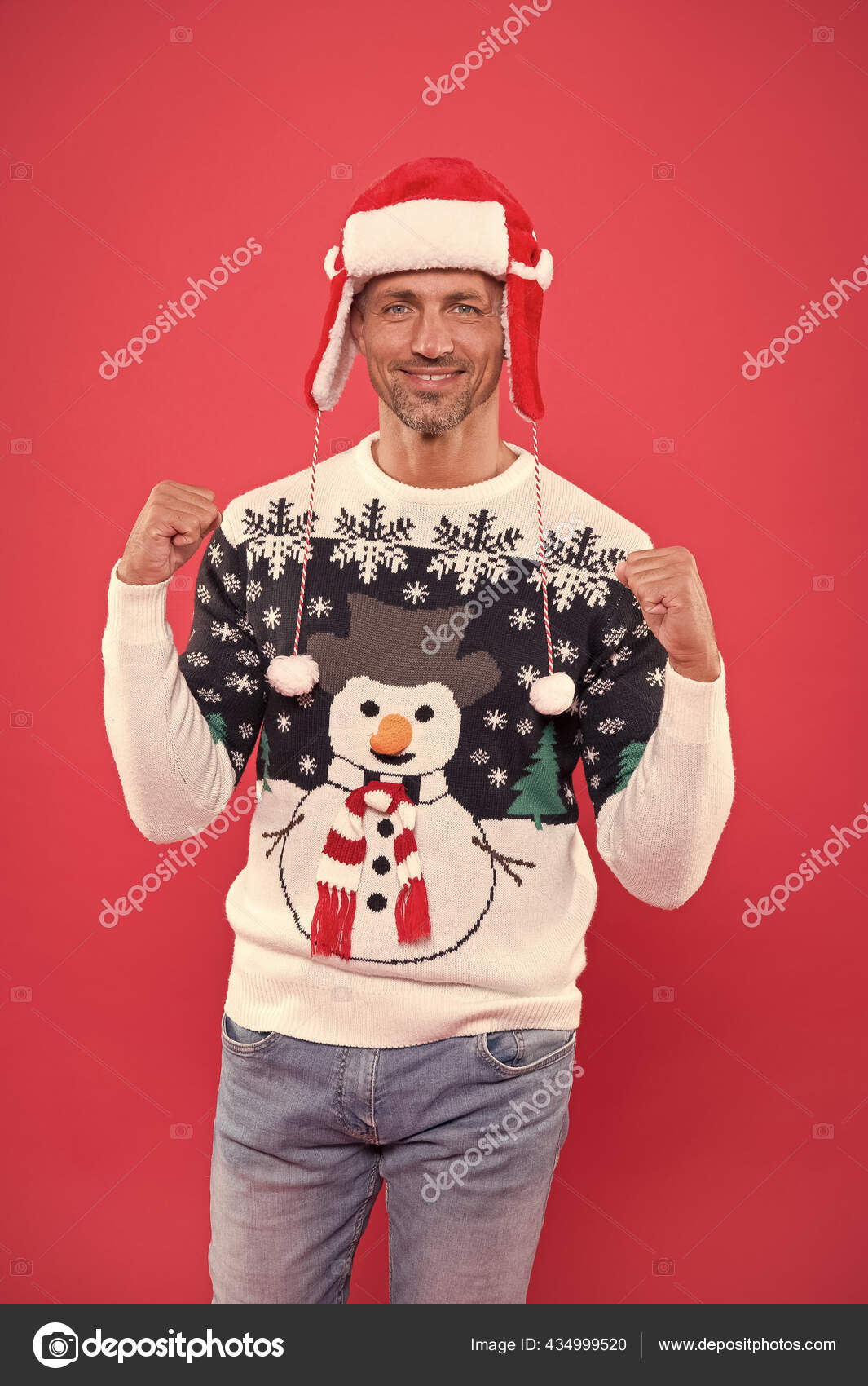 Unshaven man funny sweater red male cold weather