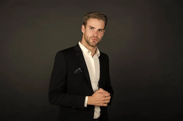 Confident in his career. Confident businessman dark background. Confident look of fashion man. Formal office style. Mens wardrobe. Confident and elegant