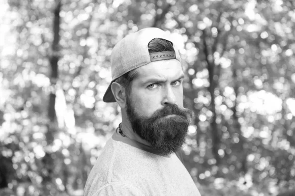 Homme barbu mature en casquette. vacances d'été camping. homme hipster randonnée. soins de la barbe masculine. brutal hipster en forêt. découvrir de nouveaux endroits. C'est l'heure du pique-nique. caucasien gars avec moustache — Photo