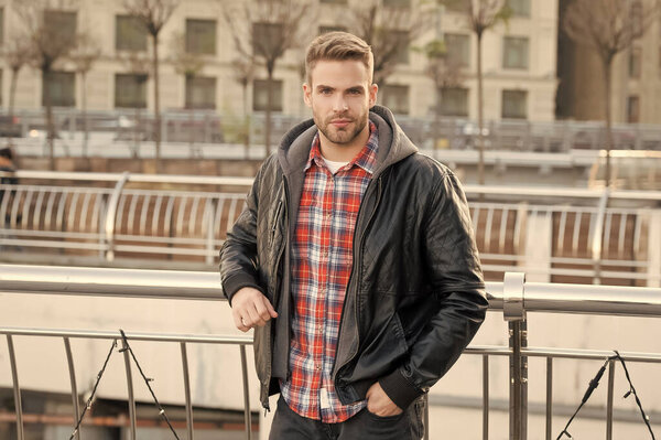 Casual purposes comfort. Handsome guy in casual style. Young man wear casual clothing on urban outdoors. Casual wardrobe for men. Spring or autumn season. Urban lifestyle