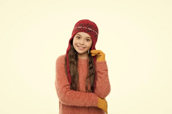Perfect look for cold weather. last trends for this winter. happy kid wear knitwear. i love knitting. in christmas mood. little girl long hair isolated on white. warm and cosy. all you need is gloves — Stock Photo, Image