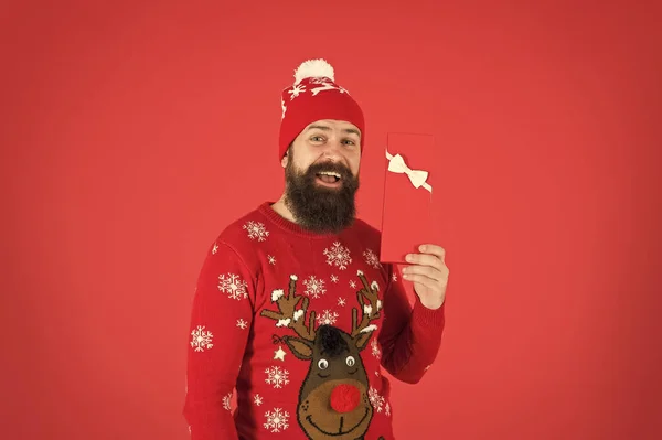 By golly, be jolly. merry christmas. my xmas gift. seasonal sales. santa left me present. happy new year. cheerful bearded man go shopping. boxing day concept. winter holidays. his favorite sweater — Stock Photo, Image