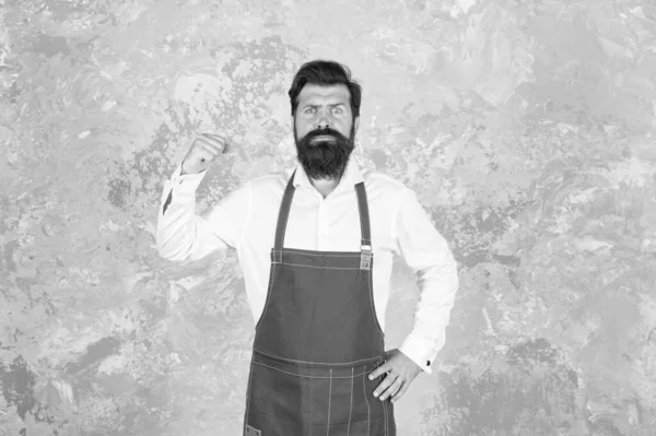 Need clean up the kitchen. cafe chalkboard menu. inspired cooking in kitchen. restaurant chef cuisine. brutal bearded man threaten with fist. hipster cook or barista feel anger — Stock Photo, Image