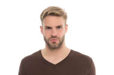 unshavem handsome confident man with stylish hairdo and casual wear isolated on white, barber