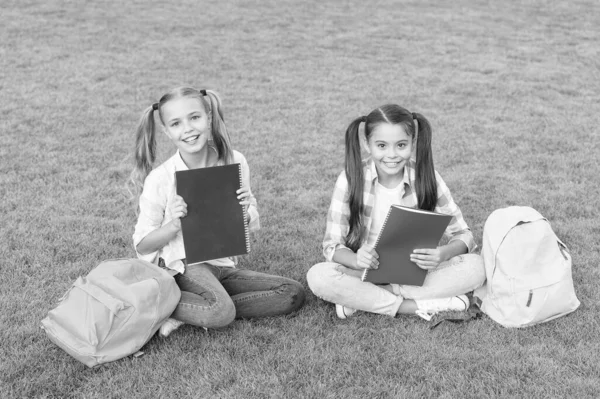 Escuela amigos niñas estudio al aire libre, haciendo tarea concepto — Foto de Stock