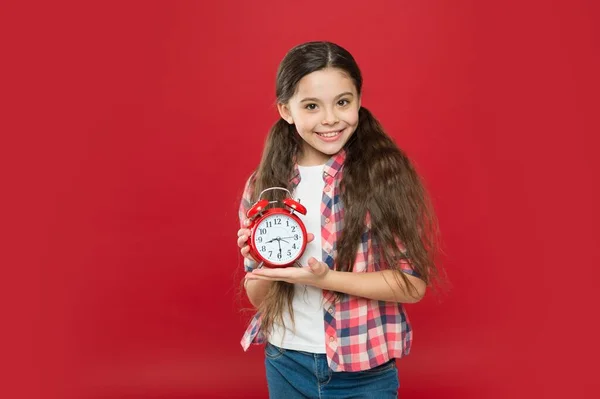 Happy teen girl hold retro alarm clock, time — Stock Photo, Image