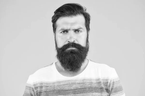 Wees serieus. Hipster verschijning. Baard mode en kapper concept. Man bebaarde hipster stijlvolle baard en snor gele achtergrond. Barber tips onderhouden baard. Stijlvolle baard en snorren verzorging — Stockfoto