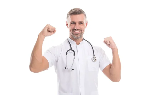 Successful virus treatment. spread of covid 19. healthcare. man nurse do corona igg immunity test. confident doctor with phonendoscope isolated on white. coronavirus pneumonia pandemic. best day ever — Stock Photo, Image