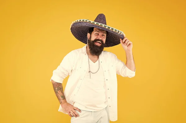 Travel agency. Tour in Mexico. National holiday. Energetic mexican artist. Mexican traditions. Explore mexican culture. Happy man sombrero hat. Summer vacation. Tourism concept. Hipster having fun — Stock Photo, Image