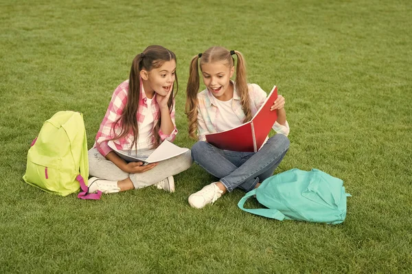 Escrevendo diário feminino. ler memórias de infância. descansar depois do dia da escola. férias de primavera. melhores amigos para sempre. passar no exame com sucesso. irmãs engraçadas e felizes. Chuveiro de bebê — Fotografia de Stock