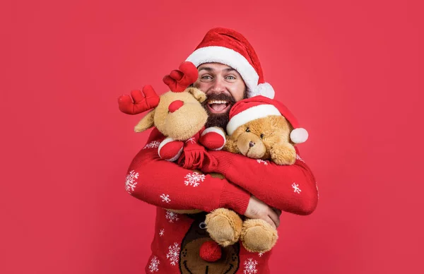 Mikulás claus szakállas férfi hold játék kívánság boldog új évet és boldog karácsonyt készen áll, hogy megünnepeljük téli party szórakoztató és öröm tele karácsonyi ajándékok és ajándékok, bevásárlóközpont — Stock Fotó