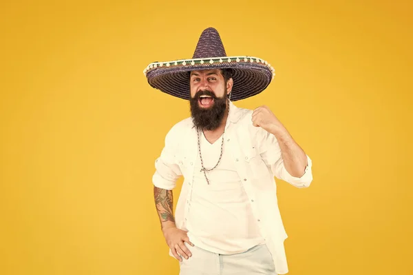 National holiday. Energetic mexican artist. Mexican traditions. Explore mexican culture. Happy man sombrero hat. Summer vacation. Tourism concept. Hipster having fun. Travel agency. Tour in Mexico — Stock Photo, Image