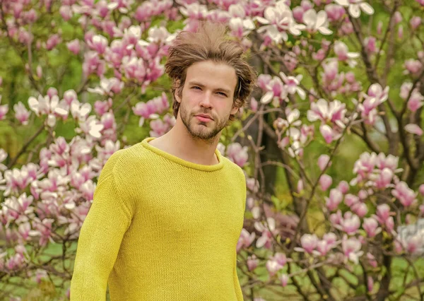 Bahar güzeli. Botanik bahçesi. Erkek çiçek arka planı. Tazelik ve uyanış. Bahar ilham. Baharın neşesi. Modern hipster çiçekleri sever. İlkbahar konsepti. Adam çiçek parkında rahatlıyor.