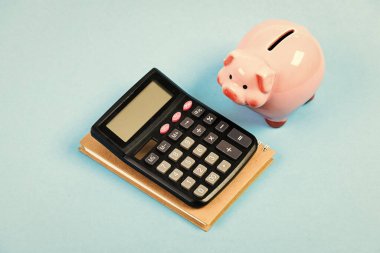 Kâr hesapla. Finans müdürü aranıyor. Değiş tokuş. Ticaret pazarı. Finans bölümü. Kredi borcu kavramı. Ekonomi ve finans. Domuz kumbarası pembe domuz ve hesap makinesi. İş yönetimi