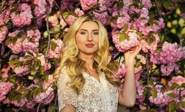 Şefkat ve kadınlık. Bahar sembolü Kız bahçedeki sakuranın tadını çıkarıyor. Dinlen ve tatil yap. Bahar çiçeği. Kiraz ağacı. Çiçek aroması. Çiçeklerin kadınları mutlu etmesinin nedenleri. Mutlu bahar günleri.