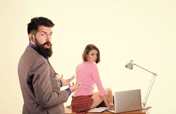 She makes him crazy. Man boss enter office of sexy girl working laptop. Office manager or secretary. Sexy personal secretary. Full of desire. Sexual fantasy. Sexy lady worker. Ready for inspection — Stock Photo, Image