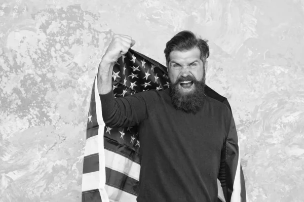 express pure emotions. happy celebration of victory. bearded hipster man being patriotic for usa. american education reform in july 4. american citizen at usa flag. american citizen in the election