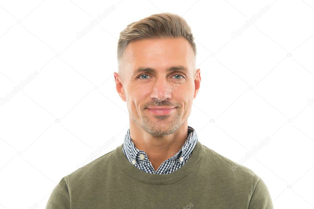 handsome smiling man with unshaven face. well groomed mature guy isolated on white. businessman wear casual business clothes. male fashion and beauty. barbershop concept