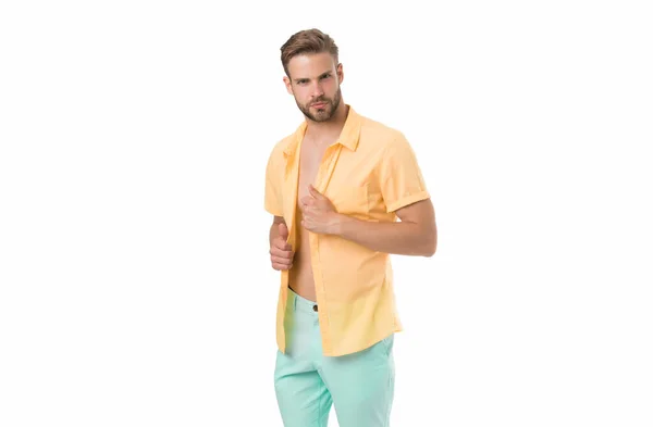 Confident in his sexuality. sexy guy undressing. seducing you. unshaven macho unbuttoned shirt. Casually handsome. Fashion portrait of young man. morning male grooming. summer and spring collection — Stock Photo, Image