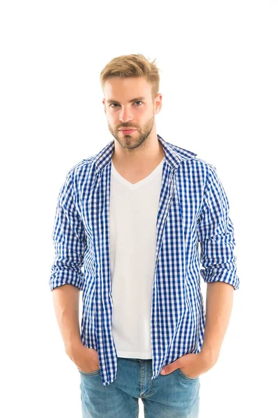 Jovem sexy cara usar casual estilo camisa isolada no branco, barbearia — Fotografia de Stock