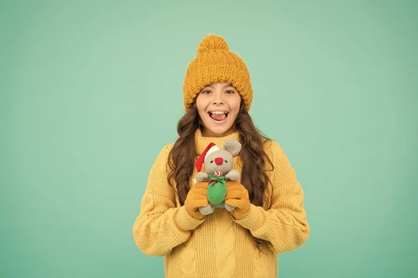It is so lovely. xmas shopping and preparation. happy girl with christmas toy. small kid in warm clothes hold gift. happy holiday. winter season happiness. lets celebrate christmas. new year is here — Stock Photo, Image