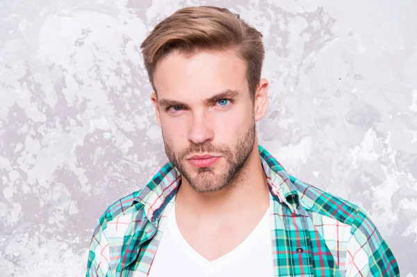 Macho man grunge background. male fashion spring collection. charismatic student checkered shirt. unshaven man care his look. barbershop concept. mens sensuality portrait. sexy guy casual style — Stock Photo, Image