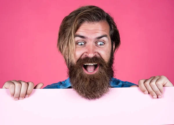 Happy bearded brutal man with moustache hold paper shit for copy space, business — 스톡 사진