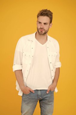 Sakallı adam iş stili. Yakışıklı bir manken. Seksi maço adam. Resmi moda. Resmi tarz. Kıyafet dükkanı. Klasik ve minimalist tarzda. Çekici adam gömlek giyer. Temyizinden emin.