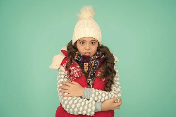 Stay active. it is cold outside. kid warm knitwear. winter vibes. Portrait of girl hipster. Youth street fashion. Winter flue. feeling cold this season. Dress in layers and wear hat. Winter dreaming — Stock Photo, Image