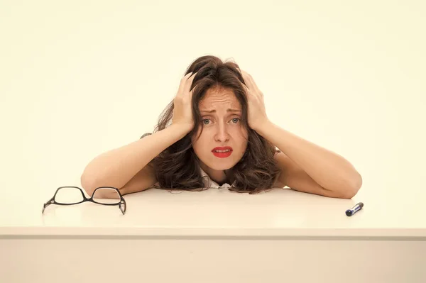 Desperate secretary. Overworked business woman in office. Sexy lady with red lips. Tired woman suffer headache. Smart teacher exhausted. Burnout concept. Emotional burnout. Burnout common problem — Stock Photo, Image