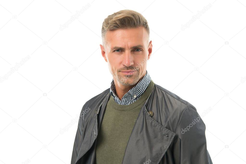 his perfect hairstyle. handsome man with unshaven face in coat. well groomed mature guy isolated on white. businessman wear casual business clothes. male fashion and beauty. autumn or spring apparel