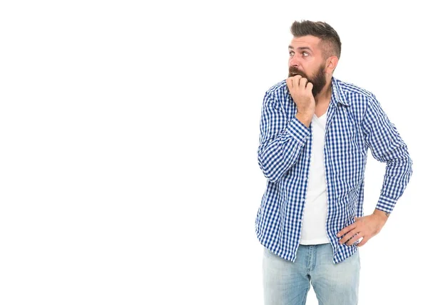 Shocked mature male hipster has surprise on face isolated on white, copy space, shopping discount — Stock Photo, Image