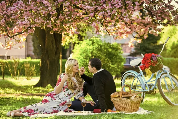 Lovely date. picnic of couple in love at vintage bike. family relationship and friendship. summer holiday trip. girl and man under sakura. couple in love drinking wine during romantic dinner in park