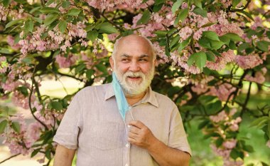 Sunbae, solunum maskeni çıkar. Parkta sakura çiçeği ağacı. Koronavirüs kovid 19. Bahar keyfi. Yasak Sakura Parkı. Park koronavirüs nedeniyle karantinaya alınmıştır. Yaz tatili