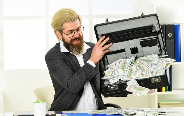 Bank account. Credit and cash concept. Corporate finance. Economics concept. Company income fraud. Businessman with cash. He loves money. More Sales Without Extensive Spending. Cash turnover — Stock Photo, Image