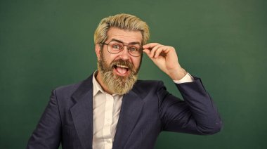 Daha az çalış, daha akıllı çalış. Gözlüklü akıllı bakışlı mutlu öğretmen. Okulun kara tahtasındaki zeki adam. Okul ve eğitim. Özel ders. Özel ders. Akıllı öğretim ve öğrenme