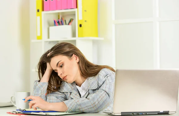 Psychological crisis. Fear of missing out. Burn out concept. Workaholic concept. Energy and tiredness. Girl fell asleep on table. Pretty woman sleep at workplace. Exhausted lady sleep at work — Stock Photo, Image