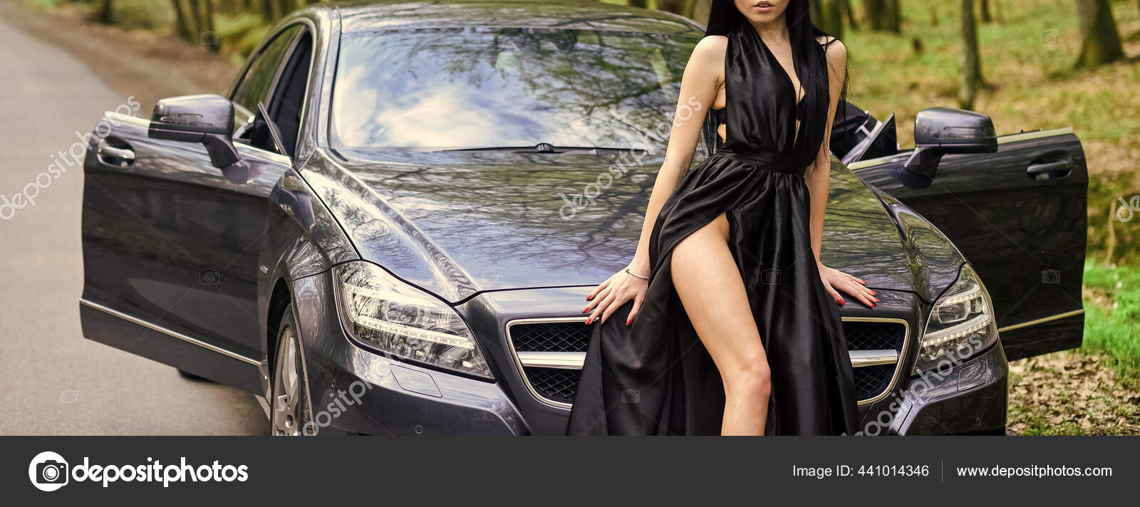 Seductive pose. Sex in car. Driver girl. Beauty and fashion. Woman in black dress escort service worker. Sexy girl elegant dress and auto. Provocative concept