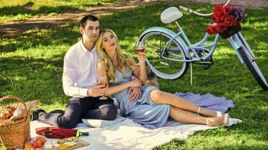 Güneşli bir günde şarap içen çift. Kırsal kesimde romantik günbatımı pikniğinin tadını çıkaran çekici bir çift. Şarap içen sevimli bir çift. Sonsuza dek birlikte. Gerçek aşk. Romantizm konsepti. - Şerefe. Yıldönümünü kutla