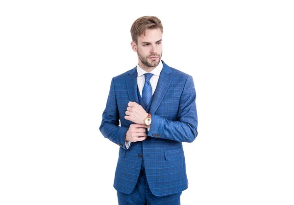 Young realtor fix sleeve button wearing fashion navy suit in business formal style, outfitting. — Stock Photo, Image