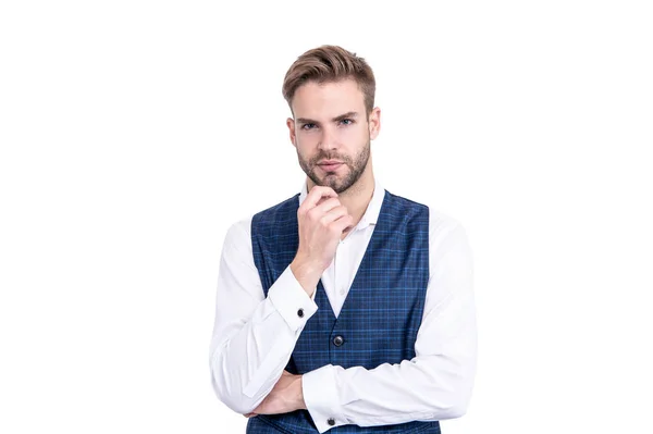 Barbilla barbuda sin afeitar al tacto del hombre con el pelo elegante en forma formal aislado en blanco, barbería —  Fotos de Stock