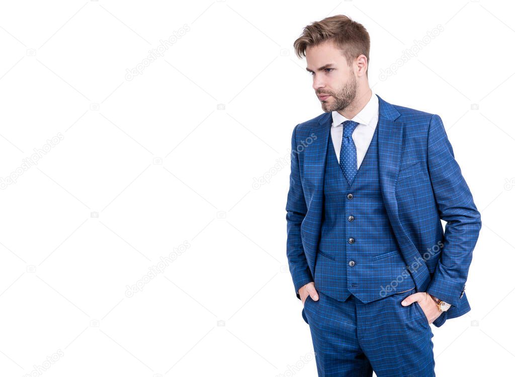 Gentlemens outfitters style for dapper gents. Manager in suit isolated on white. Gentlemens tailor