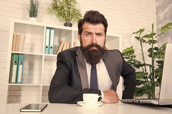 Tan confiado. Brutal mirada de hombre hipster. Hipster se sienta en el escritorio. El hombre de negocios usa barba hipster. Hombre barbudo en estilo formal. Peluquería o barberos. Moda y estilo. Hipster idéntico — Foto de Stock