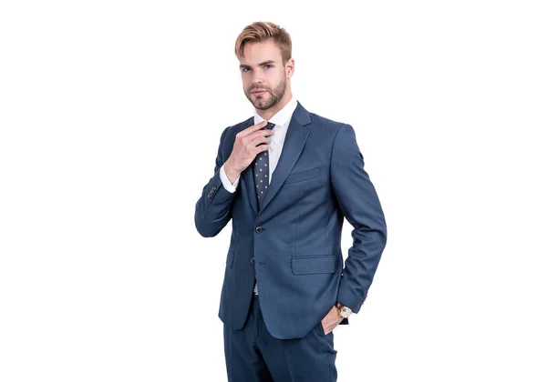 Office worker fix necktie wearing elegant suit in formal fashion style isolated on white, workwear — Stock Photo, Image