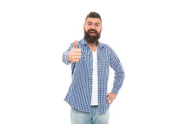 Happy bearded man in casual checkered shirt show thumb up isolated on white, happiness — Stock Photo, Image