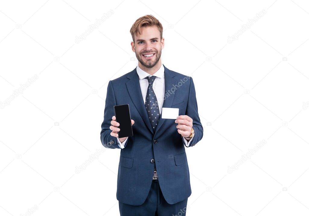 Happy smart operator hold mobile phone and contact business card for copy space, communication